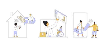 online medisch overleg set. telegeneeskunde. dokter ver weg adviseren. Gezondheid zorg door internetten. gezondheidszorg Diensten. vector illustratie.