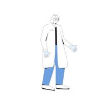 dokter, dokter. mannetje karakter vervelend in uniform staand geïsoleerd Aan een wit achtergrond. medisch personeel. vector lijn kunst illustratie.