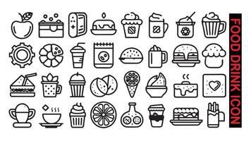 voedsel en drankjes pictogrammen reeks vector dun lijn. koffie, Frisdrank, bitterkoekjes, pizza, ijs room, hamburger, Hamburger