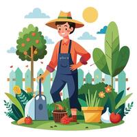 tuinieren. tekenfilm Mens tuinman in hoed en overall werken in de tuin. vector