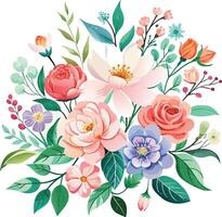 vector illustratie van waterverf bloemen boeket met rozen, pioenen en bladeren