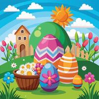 Pasen eieren en bloemen in de tuin vector illustratie grafisch ontwerp.