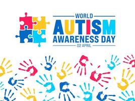 2 april wereld autisme bewustzijn dag kleurrijk puzzel banier ontwerp sjabloon. autisme bewustzijn dag kleurrijk kinderen verhogen hand- achtergrond ontwerp sjabloon. vector