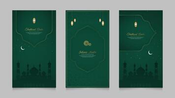 Islamitisch Arabisch realistisch sociaal media verhalen verzameling sjabloon met moskee voor Ramadan kareem en eid mubarak vector