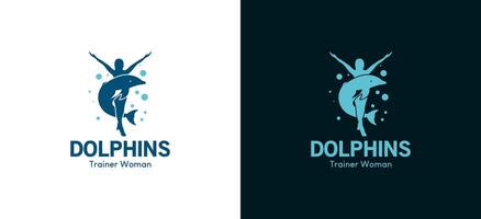 dolfijn trainer vrouw logo ontwerp, dolfijn en vrouw silhouet vector illustratie