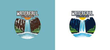 waterval logo ontwerp, hoog klif waterval vector illustratie met wijnoogst en modern concept