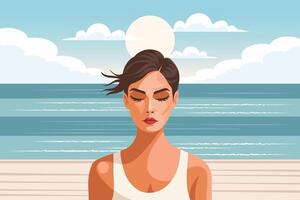 jong vrouw Aan de strand tegen de backdrop van een zeegezicht. mentaal Gezondheid. tijd kom tot rust. illustratie. vector