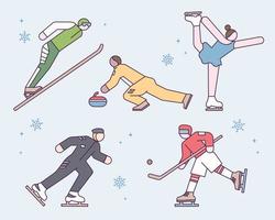 Olympische winterspelen en sporters. platte ontwerp stijl vectorillustratie. vector