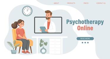 psychotherapie online, meisje pratend naar een psycholoog Aan de scherm. mentaal Gezondheid banier of landen bladzijde sjabloon. illustratie, vector