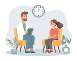 psychotherapie online, meisje pratend naar een psycholoog Aan de scherm. mentaal Gezondheid banier of landen bladzijde sjabloon. illustratie, vector