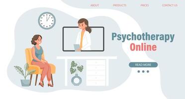 psychotherapie online, een vrouw pratend naar een psycholoog Aan de scherm. mentaal Gezondheid banier of landen bladzijde sjabloon. illustratie, vector