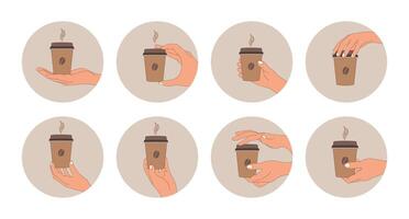 koffie pictogrammen set, hand- gebaren met een glas van koffie. ontwerp elementen, pictogrammen, Sjablonen, vector