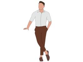 vector van een plat gezicht Mens vervelend met een wit een collared t-shirt met een donker bruin broek. Mannen mode themed illustratie vector concept.