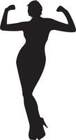 slank vrouw met lang poten gekleed in zomer jurken en hoog hakken staand met handen Aan haar heupen, geïsoleerd vector silhouet