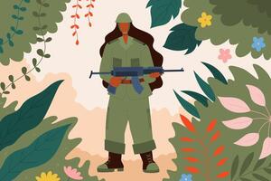 vrouw grond dwingen Bij werk. vlak stijl illustratie van een vrouw in leger camouflage kostuum Holding een geweer- in de slagveld gevulde met struiken vector