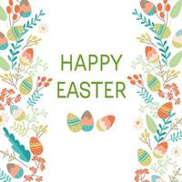 gelukkig Pasen groet kaart. schattig voorjaar achtergrond met eieren en planten, bloemen. kleurrijk vlak vector Sjablonen voor sociaal media na, online reclame, folder, uitnodiging plein ontwerp