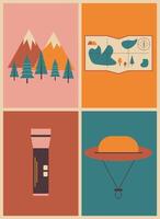 retro meetkundig helder poster met camping en wandelen dingen. bergen, kaart, zaklamp, hoed, vector illustratie