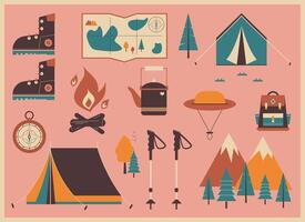 groot wijnoogst reeks met camping dingen vector illustratie