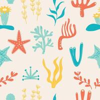 schattig naadloos patroon met algen, koralen, marinier planten vector illustratie