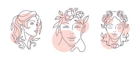 romantisch vrouw esthetisch portret bloem roze pastel kleur vlekken doorlopend lijn kunst logo reeks vector