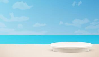 3d cilinder podium voetstuk zee zand strand lucht landschap achtergrond realistisch vector