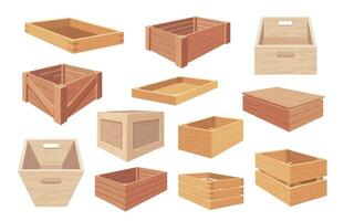 tekenfilm houten containers. Open en Gesloten dozen met pakketjes, houten kratten met lading, magazijn opslagruimte verpakking concept. vector reeks