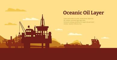 offshore olie tuigage achtergrond. olie platform met boortoren en kraan, olie en gas- extractie industrieel concept. vector illustratie