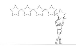 single doorlopend lijn tekening robot Holding omhoog een ster met beide handen en plakken het omhoog naar maken 5 sterren in een rij. geven de het beste opnieuw bekijken. online winkel. toekomst techniek. een lijn ontwerp vector illustratie