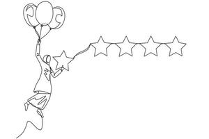 single doorlopend lijn tekening jong Arabisch vrouw vliegend met ballon dragen 1 ster en wil naar uitlijnen het met de andere 4 sterren. proberen naar geven perfect beoordeling. een lijn ontwerp vector illustratie