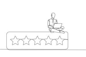 single een lijn tekening robot zittend Aan beoordeling bord typen laptop computer. geven 5 sterren en een heel bevredigend opnieuw bekijken. online winkelen. kunstmatig intelligentie. doorlopend lijn grafisch illustratie vector