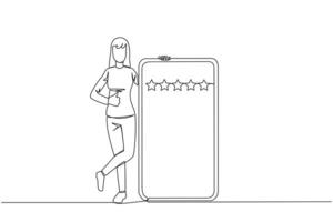 single een lijn tekening jong gelukkig glimlachen vrouw staat terloops De volgende naar een groot smartphone, andere hand- geven een duimen omhoog gebaar. geven recensie 5 ster. doorlopend lijn ontwerp grafisch illustratie vector