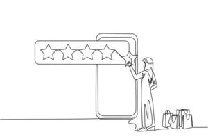 doorlopend een lijn tekening Arabisch Mens staand geconfronteerd reusachtig smartphone proberen naar stok een ster, dat het wordt 5 sterren. beoordelingen gegeven naar online winkels. single lijn trek ontwerp vector illustratie