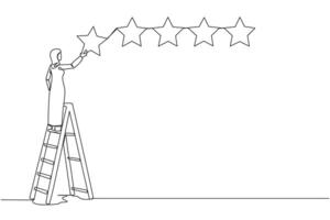 doorlopend een lijn tekening jong energiek Arabisch vrouw klimt ladder dragen 1 ster, maken het 5 sterren in rij. geven heel mooi zo aanbeveling naar de verkoper. single lijn trek ontwerp vector illustratie