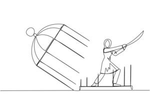 single doorlopend lijn tekening Arabisch zakenvrouw gevangen in kooi houdt samoerai. uitdrukking van woede over- beperkingen dat sluiting. zoeken vrijheid Bij ieder kosten. krankzinnigheid. een lijn vector illustratie