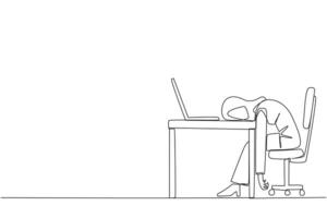 doorlopend een lijn tekening Arabisch zakenvrouw viel in slaap in voorkant van een laptop. vermoeidheid rennen een bedrijf. mentaal Gezondheid probleem. uitgeput. verveeld. single lijn trek ontwerp vector illustratie