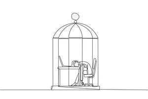 doorlopend een lijn tekening zakenvrouw gevangen in kooi in slaap Aan laptop. moe van herhalende routines. de veel deadlines vereisen na een tijdje elke dag. single lijn trek ontwerp vector illustratie