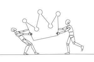 single doorlopend lijn tekening twee emotioneel robot vechten over- de kroon. vechten voor worden de meest geslaagd en gerespecteerd robotachtig. conflict. ai technologie. een lijn ontwerp vector illustratie