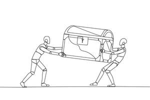 single doorlopend lijn tekening twee egoïstisch robot vechten over- de schat borst. voelen meest recht hebben naar de ontdekking van schat. rivaliteit en wedstrijd. techniek. een lijn ontwerp vector illustratie