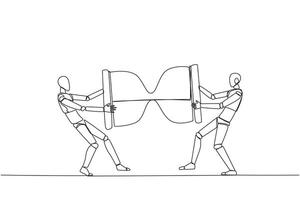 doorlopend een lijn tekening twee boos robot vechten over- de zandloper. vragen elk andere voor extra tijd naar sturen de bedrijf profiel. agressief. ai. single lijn trek ontwerp vector illustratie