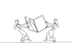 single doorlopend lijn tekening twee emotioneel Arabisch zakenman vechten over- laptop. vechten voor informatie over heel mooi zo Oppervlakte naar worden de De volgende doelwit markt. een lijn ontwerp vector illustratie