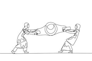 doorlopend een lijn tekening twee Arabisch zakenvrouw vechten over- boksen riem. strijd voor naar worden beste en sterkste zakenvrouw. zakenvrouw strijd. single lijn trek ontwerp vector illustratie