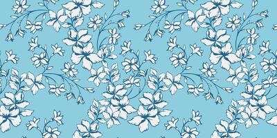 voorzichtig takken wild bloemen, klein bladeren, bloemknoppen naadloos patroon. abstract gestileerde bloemen stengels patroon. vector hand- getrokken schetsen. monotoon blauw elegant bloeiend weide. collage sjabloon voor afdrukken