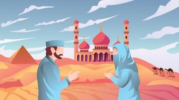 landschap illustratie van moslims beven handen, Ramadan, eid al fitr, eid al-adha, woestijn themed Islamitisch achtergrond vector