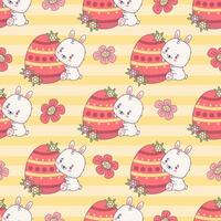 naadloos patroon met Pasen konijn met paschal ei en bloemen Aan gestreept geel achtergrond. schattig kawaii dier karakter. vector illustratie. kinderen verzameling