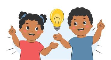 kinderen met een idee, met gloeilamp. tekenfilm tekens meisje en jongen voor kinderen ontwerp. kennis, creatief denken en onderwijs concept. vector illustratie