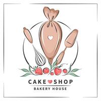taart winkel logo. reeks van gereedschap voor maken taarten, koekjes en gebakjes. vector illustratie voor menu, recept boek, bakken winkel, cafe.