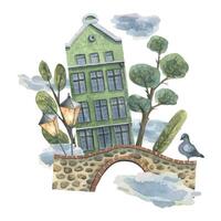 groen Europese huis met een steen brug, bomen, duiven en lantaarns. waterverf illustratie. samenstelling van de Europese huizen verzameling. voor toerisme ontwerp en brochures, kaartjes, souvenirs. vector