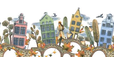 oude Europese huizen zijn kleurrijk, met herfst bomen en bladeren, met een meisje in een regenjas met een paraplu. hand- getrokken waterverf illustratie. naadloos grens is geïsoleerd van de achtergrond. vector