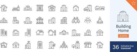 gebouw pictogrammen pixel perfect. huis, toren, garage, .... vector