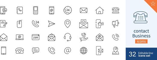 reeks van 32 contact bedrijf web pictogrammen in lijn stijl. icoon symbool, telefoon, verbinding, gebruik makend van telefoon, e-mail. vector illustratie.